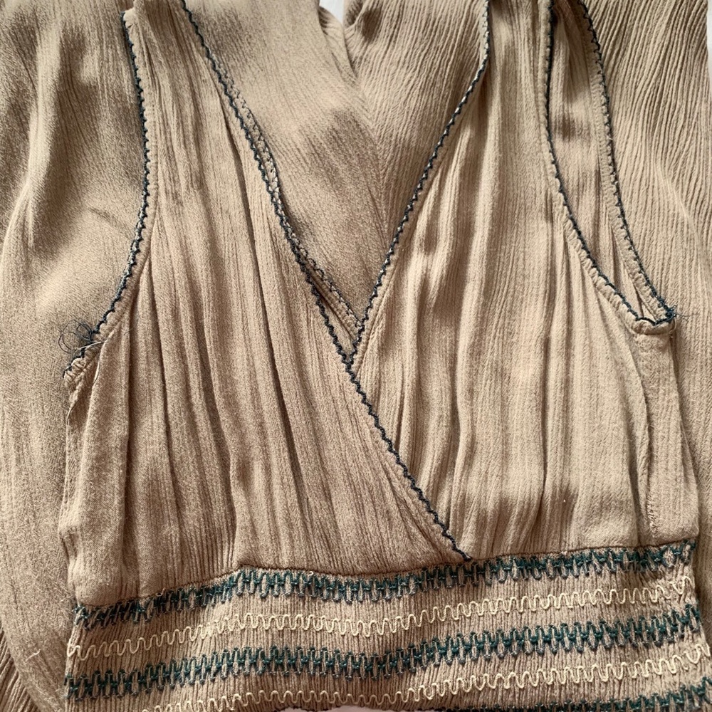 Sleeveless Wrap Jumpsuit in Tan with Contrast Stitching